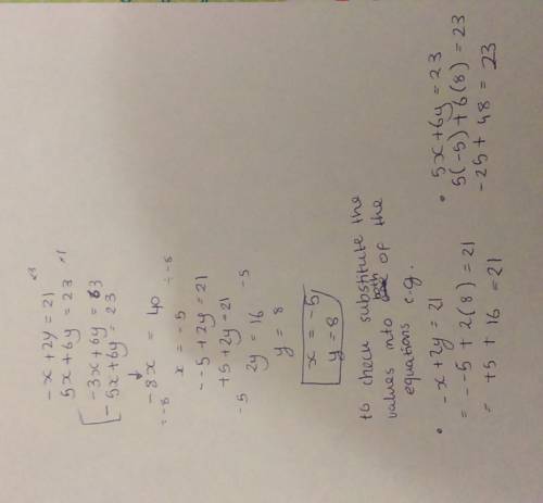 How do you solve  -x+2y=21 5x+6y=23 using the elimination method