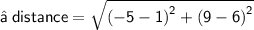 \sf{⇢ \: distance =  \sqrt{ {( - 5 - 1)}^{2} +  {(9 - 6)}^{2}  } }