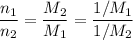 \displaystyle \frac{n_1}{n_2} = \frac{M_2}{M_1} = \frac{1/M_1}{1/M_2}