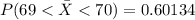 P( 69  <  \= X  <  70) =  0.60134