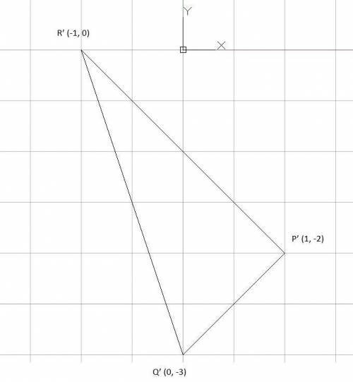 Triangle PQR is transformed to triangle P'Q'R. Triangle PQR has vertices P (3, -6), Q (0, -9), and R