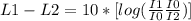 L1 - L2=10*[log(\frac{I1}{I0}\frac{I0}{I2})]