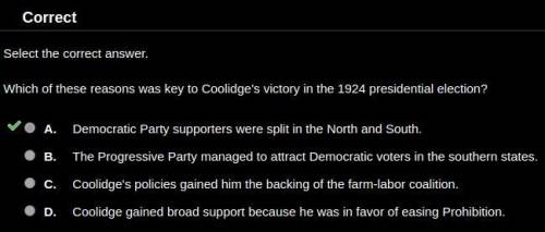 Which of the following was the key reason for Coolidge’s victory in the 1924 presidential election?