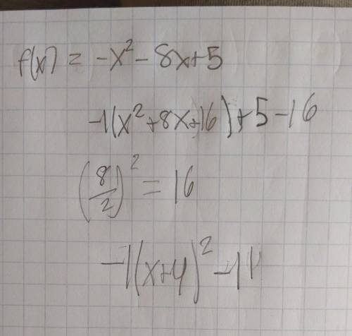 Write the following equation in vertex form by completing the square.
f(x) = -x2 – 8x +5