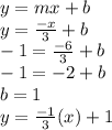 y = mx + b\\y = \frac{-x}{3} + b\\-1 = \frac{-6}{3}+ b\\-1 = -2 + b\\b = 1\\y = \frac{-1}{3} (x) + 1