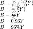 B =  \frac{80}{100} ( \frac{120}{100}Y) \\ B =  \frac{4}{5} ( \frac{6}{5} Y) \\ B =  \frac{24}{25}Y \\ B = 0.96Y \\ B = 96\%Y