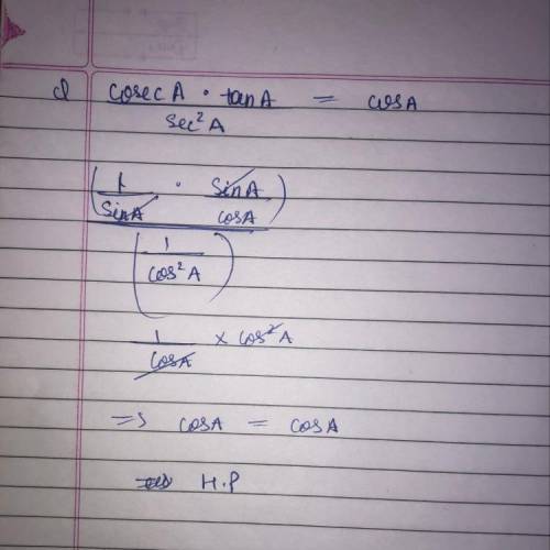 Prove CosecA.TanA/ sec^2A = CosA
