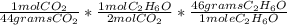 \frac{1mol CO_2}{44 grams CO_2}*\frac{1 mol C_2H_6O}{2 mol CO_2}*\frac{46 grams C_2H_6O}{1 mole C_2H_6O}