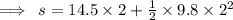 \implies \: s = 14.5 \times 2 +  \frac{1}{2} \times 9.8 \times  {2}^{2}