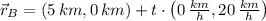 \vec r_{B} = (5\,km, 0\,km)+t\cdot \left(0\,\frac{km}{h}, 20\,\frac{km}{h}  \right)