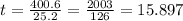 t = \frac{400.6}{25.2} = \frac{2003}{126} = 15.897