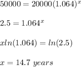 50000=20000(1.064)^x\\\\2.5=1.064^x\\\\xln(1.064)=ln(2.5)\\\\x=14.7\ years