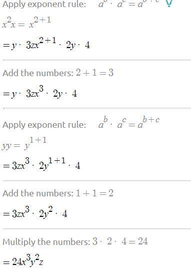 4. Simplify: (x²y3 z) (x2y4). Show all work.