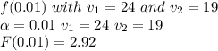 f(0.01) \ with \ v_1 = 24 \ and \ v_2 = 19\\\alpha = 0.01 \ v_1 = 24 \ v_2 = 19\\F(0.01) = 2.92
