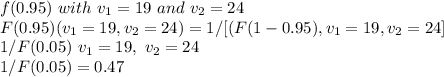 f(0.95) \  with \  v_1 = 19 \ and \ v_2 = 24\\F(0.95)(v_1 = 19, v_2= 24) = 1/[(F(1-0.95), v_1=19, v_2= 24]\\1/F(0.05)\ v_1 = 19, \ v_2 = 24\\1/F(0.05)= 0.47