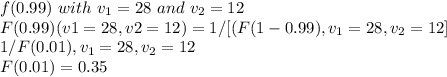 f(0.99) \  with \ v_1 = 28 \ and \ v_2 = 12\\F(0.99)(v1 = 28, v2= 12) = 1/[(F(1-0.99), v_1=28, v_2= 12]\\1/F(0.01), v_1 = 28, v_2 = 12\\F(0.01)= 0.35