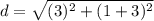 d = \sqrt{(3)^2+(1+3)^2}