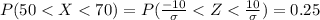 P(50 <  X <  70)= P(\frac{-10 }{\sigma } < Z < \frac{10}{\sigma }   ) = 0.25