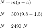 N=m(g-a)\\\\N=300\left(9.8-1.5\right)\\\\N=2490\ N