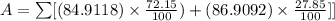 A=\sum[(84.9118)\times \frac{72.15}{100})+(86.9092)\times \frac{27.85}{100}]]