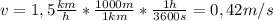 v = 1,5 \frac{km}{h}*\frac{1000 m}{1 km}*\frac{1 h}{3600 s} = 0,42 m/s