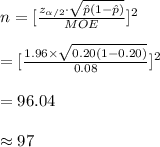 n=[\frac{z_{\alpha/2}\cdot\sqrt{\hat p(1-\hat p)}}{MOE}]^{2}\\\\=[\frac{1.96\times \sqrt{0.20(1-0.20)}}{0.08}]^{2}\\\\=96.04\\\\\approx 97