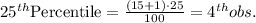 25^{th} \text{Percentile}=\frac{(15+1)\cdot 25}{100}=4^{th}obs.