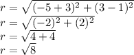 r = \sqrt{(-5+3)^2+(3-1)^2}\\r = \sqrt{(-2)^2+(2)^2}\\r = \sqrt{4+4}\\r = \sqrt{8}