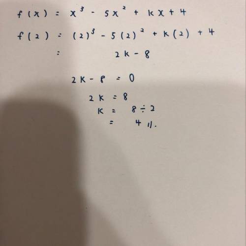 Given f(x) = x^3 - 5x^2 + kx + 4 and that x-2 is a factor of f(x), what is the value of k?

a. k = 0