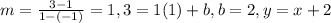 m = \frac{3-1}{1-(-1)} = 1, 3 = 1(1) + b, b = 2, y = x + 2