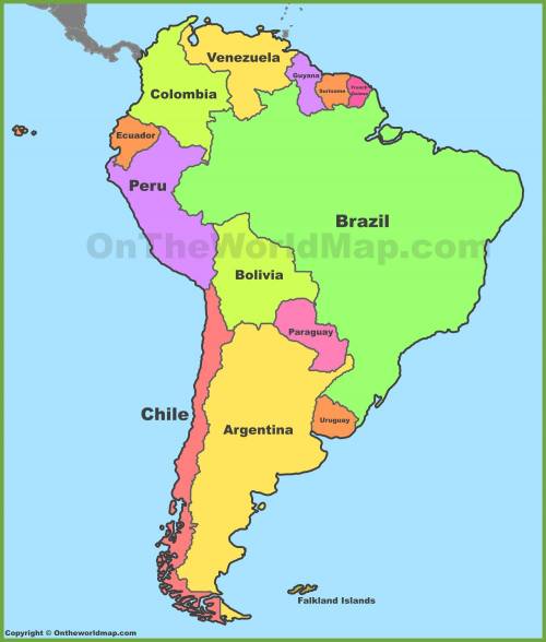 Analyze the map below and answer the question that follows.

A political map of South America. Count