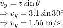 v_y=v\sin\theta\\\Rightarrow v_y=3.1\sin30^{\circ}\\\Rightarrow v_y=1.55\ \text{m/s}