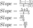 Slope=\frac{5-(-5)}{-4-(5)}\\Slope=\frac{5+5}{-4-5}\\Slope=\frac{10}{-9}\\Slope=-\frac{10}{9}