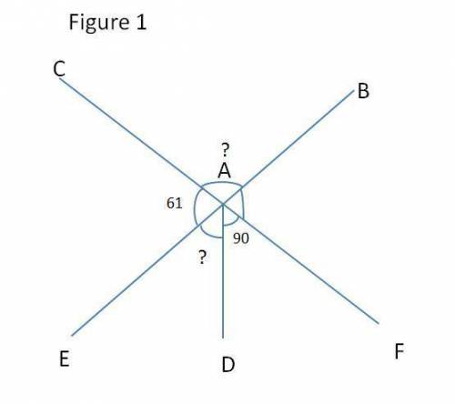 3 lines are shown. A line with points C, A, F intersects a line with points E, A, B at point A. A li