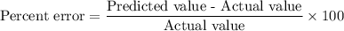 \text{Percent error}=\dfrac{\text{Predicted value - Actual value}}{\text{Actual value}}\times 100