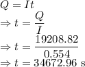 Q=It\\\Rightarrow t=\dfrac{Q}{I}\\\Rightarrow t=\dfrac{19208.82}{0.554}\\\Rightarrow t=34672.96\ \text{s}