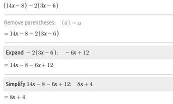 2. Soive: (14x - 8) - 2(3x - 6)
a. 8x + 4
b. 20x + 4
19x + 14
d. 8x - 20