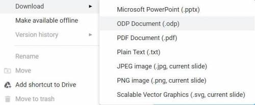 Check all of the file types that a Slides presentation can be downloaded as.

.JPEG
.doc
.xls
.PDF
.
