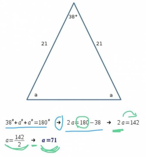 What is the measure of a vertex angle of a triangle if the base angle measures 38° and two congruent