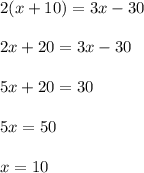 2(x + 10) = 3x - 30\\\\2x + 20 = 3x - 30\\\\5x + 20 = 30\\\\5x = 50\\\\x = 10