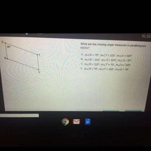 Parallelogram R S T U is shown. Angle S is 70 degrees.

What are the missing angle measures in paral