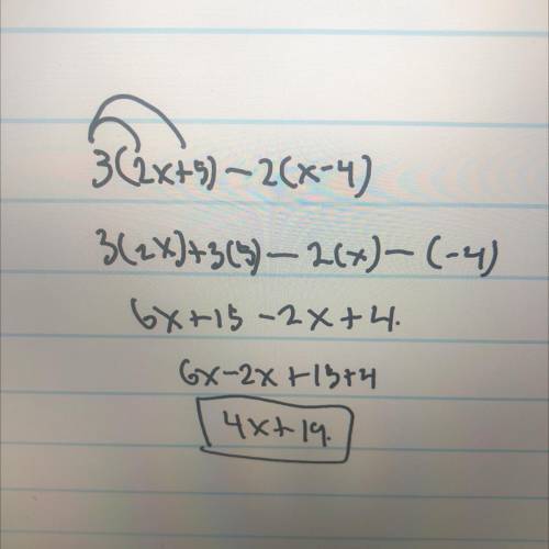Expand and simply 3(2x+5) - 2(x-4)