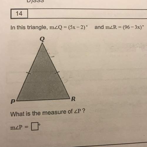 In this triangle measure q is 5x-2 and measure r is 96-3x what is measure p