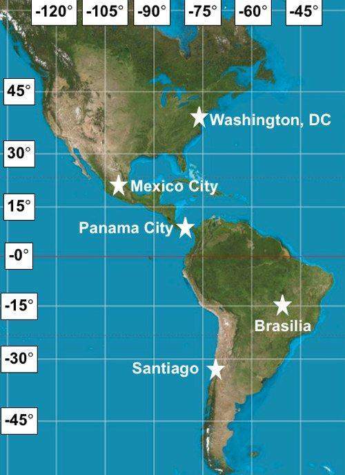 Which city has the approximate absolute location of 16°s, 48°w?
