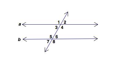 Which set of angles are vertical angles?  a) 1 and 7  b) 1 and 4  c) 2 and 4