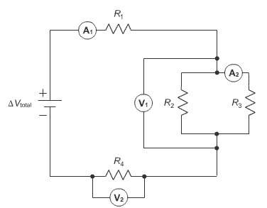 If each resistor in the circuit shown is 5.0 ω and the battery is 12.0 v, what does the first ammete