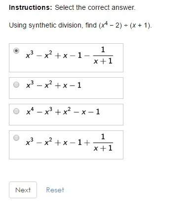 Using synthetic division, find (x4 − 2) ÷ (x + 1).