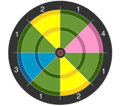 Based on the dartboard shown below, what is the probability of a random throw hitting a section that