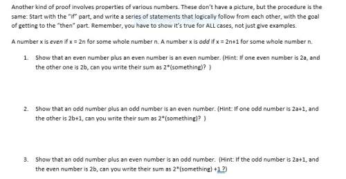 Anumber x is even if x = 2n for some whole number n. a number x is odd if x = 2n+1 for some whole nu