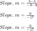 Slope. \;m  = \frac{5 - 5}{-9 - 8}\\\\Slope. \;m  = \frac{0}{-17}\\\\Slope. \;m  = \frac{0}{-17}